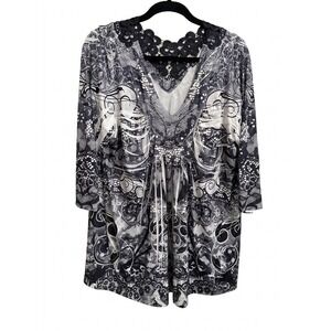 Apt. 9 Womens 2X Black White Abstract Lace Print Crochet V-Neck Tunic Blouse